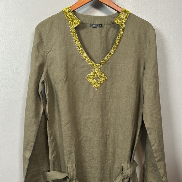 Herry Green Linen Long Belted Beaded Chest Tunic size EUR 42 US 6 - Picture 2 of 11